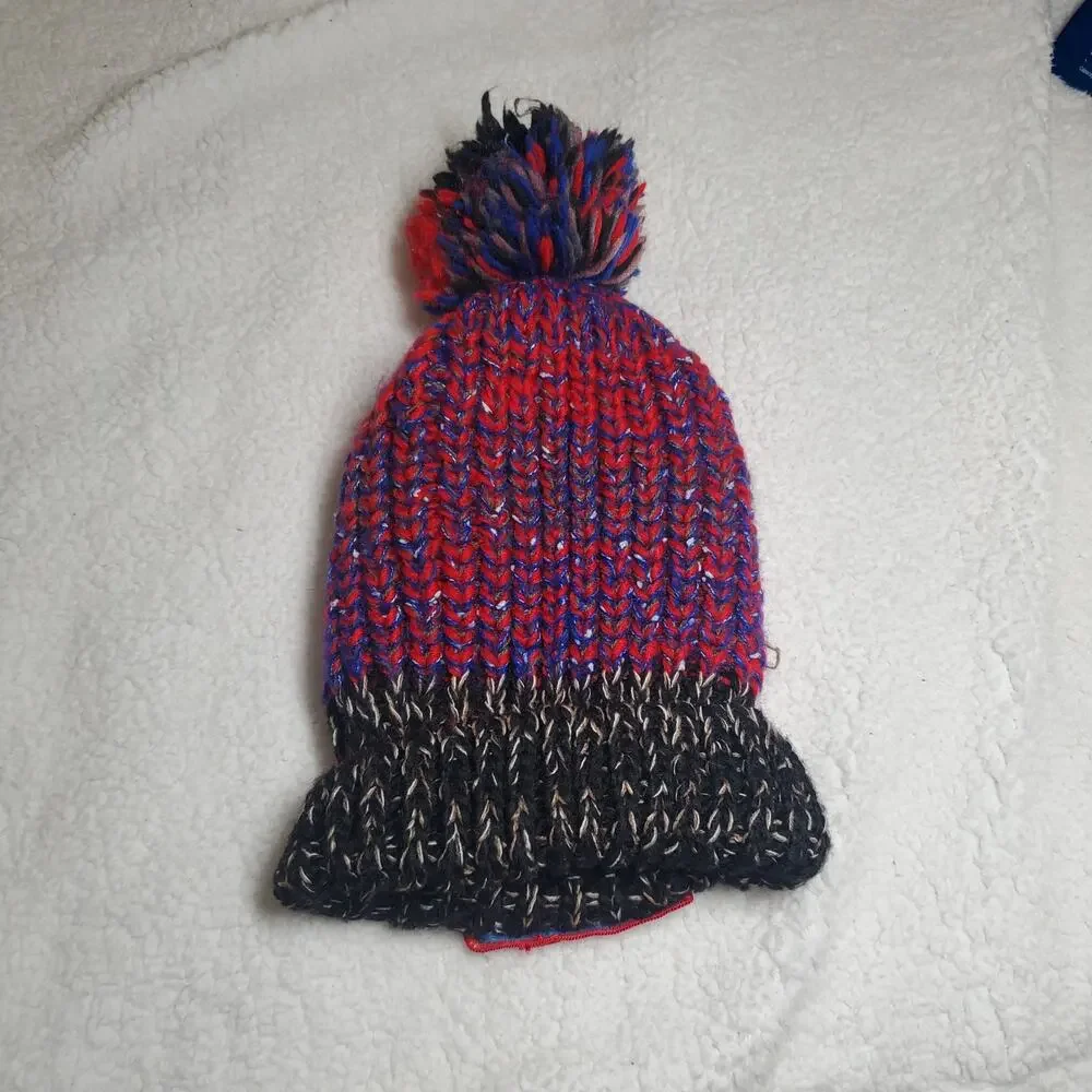 GIANTS Red Blue Chunky Knit Winter Beanie Hat Faux Fur Lined Pom Pom Adult